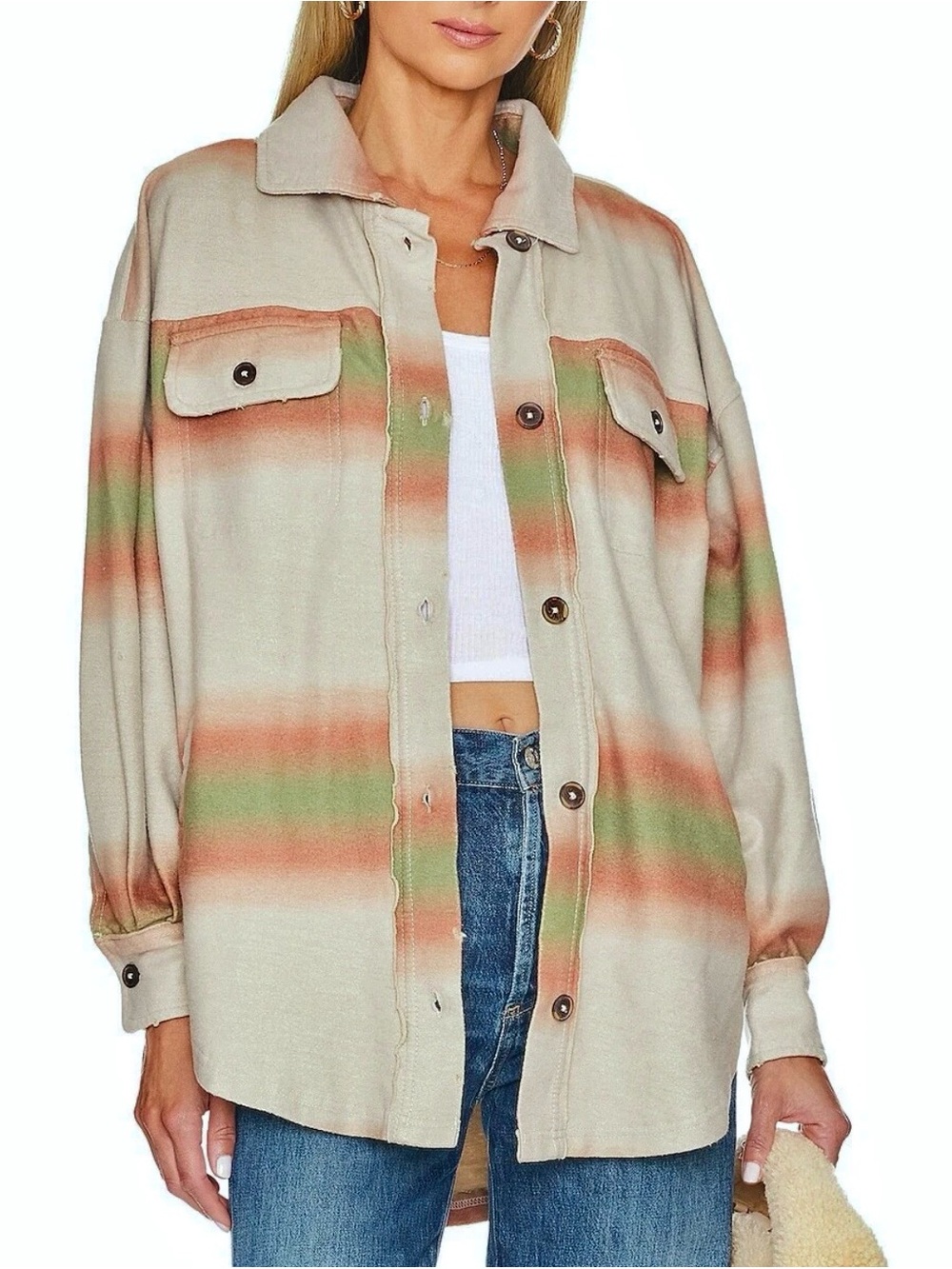 Free People Printed Ruby Distressed Oversized Shacket Marzipan Combo NWOT Sz XS